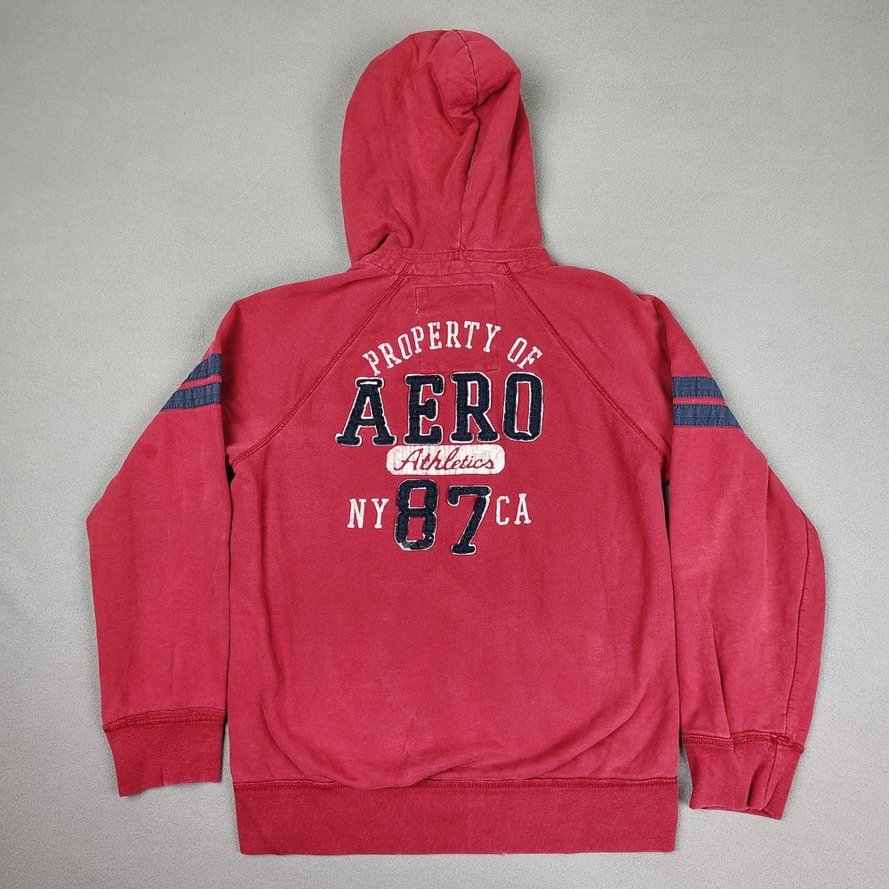 Vintage Aeropostale Hoodie Men Large Red Heavyweight Pullover Grunge Distressed